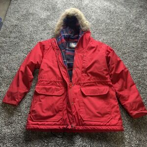 Woolrich Coat Womens S Red Parka Hooded Fur Trim Lined Insulated Mid Length